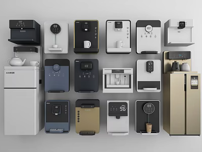 Modern Home Daily Use Appliances Collection With Coffee Makers Refrigerators And Dispensers 3d model