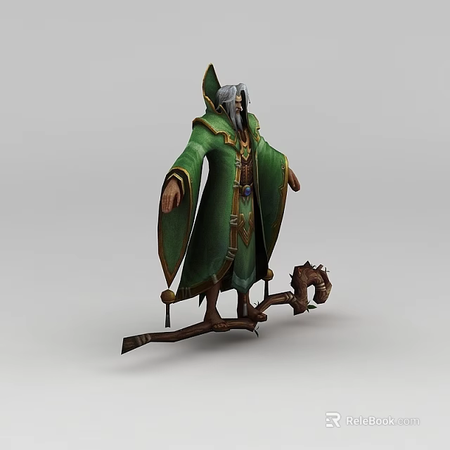 Realistic Inflatable Wizard Character With Green Robe Pointed Hat And Wooden Branch Base 3d model 