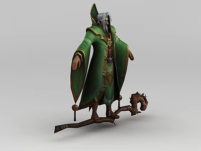 Realistic Inflatable Wizard Character With Green Robe Pointed Hat And Wooden Branch Base 3d model