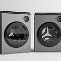 Two Modern Front Load Washing Machines With Round Door And Stainless Steel Control Panel