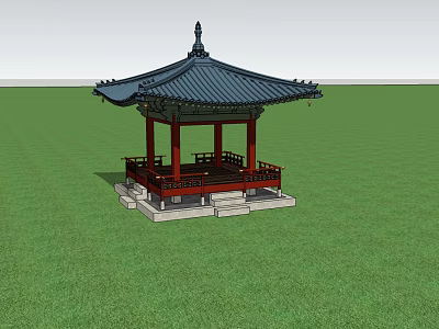 Traditional Chinese Pavilion with Red Pillars and Black Tiled Roof on Green Grass Field 3d model