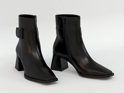 Stylish Black Leather Ankle Boots With Block Heels Square Toe And Ankle Strap Buckle 3d model