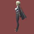 Blonde Woman In Black Leather Outfit Standing Against Red Background With Gloves