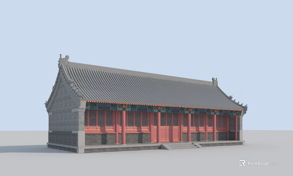 Ancient Chinese Architecture with Gray Tiled Roof Red Doors Windows and Gray Walls 3d model 