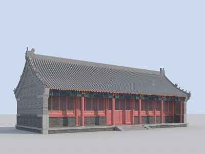 Ancient Chinese Architecture with Gray Tiled Roof Red Doors Windows and Gray Walls 3d model