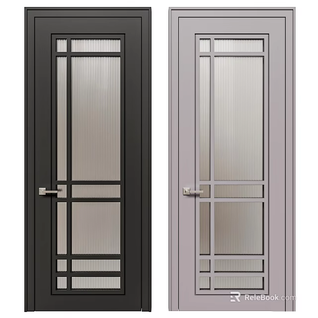 Modern Black and Gray Hinged Doors with Ribbed Glass Panels and Grid Frame 3d model
