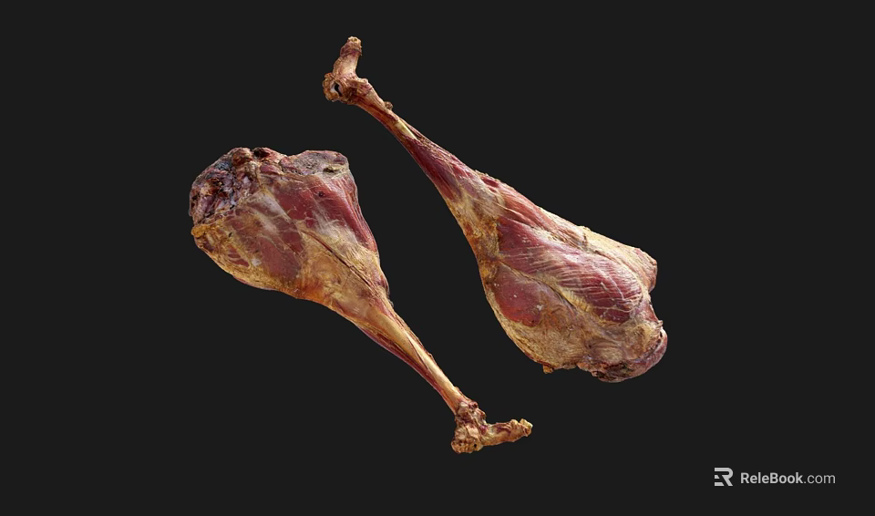 Two Cured Ham Legs with Red and Brown Meat Texture on Black Background 3d model 
