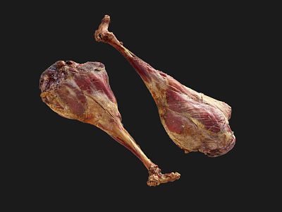 Two Cured Ham Legs with Red and Brown Meat Texture on Black Background 3d model