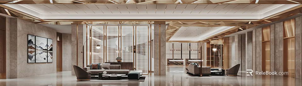 Modern Hotel Lobby Interior With Gold Accents Marble Floor Sofas And Coffee Tables 3d model 