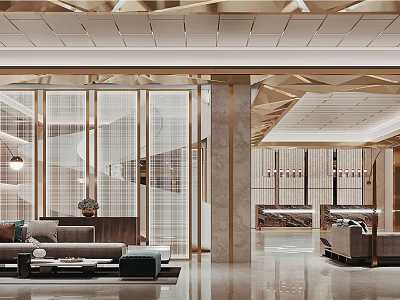 Modern Hotel Lobby Interior With Gold Accents Marble Floor Sofas And Coffee Tables 3d model