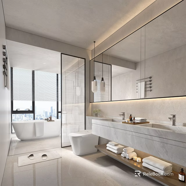 Elegant Modern Bathroom Interior With Marble Countertops Double Sinks Large Mirror And Bathtub 3d model 