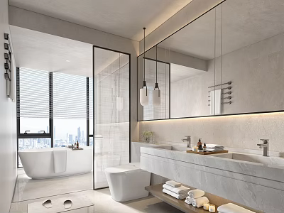 Elegant Modern Bathroom Interior With Marble Countertops Double Sinks Large Mirror And Bathtub 3d model
