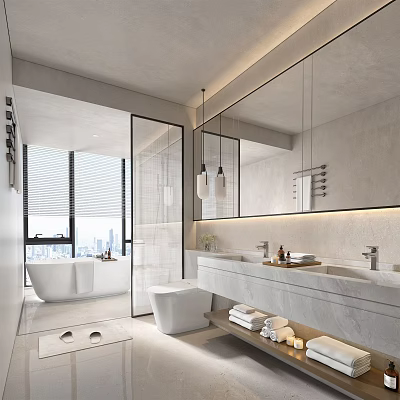 Elegant Modern Bathroom Interior With Marble Countertops Double Sinks Large Mirror And Bathtub 3d model