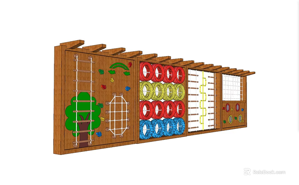 Kids Wooden Wall Mounted Fitness Sports Equipment With Colorful Rings Climbing Net And Tree Design 3d model 