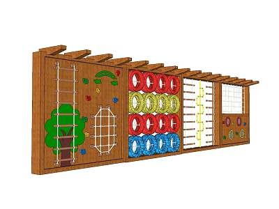 Kids Wooden Wall Mounted Fitness Sports Equipment With Colorful Rings Climbing Net And Tree Design 3d model