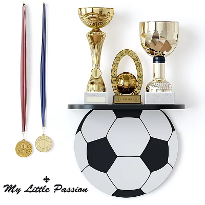 Golden Trophies And Gold Medals Displayed On Soccer Ball Shaped Shelf 3d model