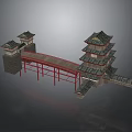 Traditional Chinese Architectural Structure With Pagoda Tower Arch Bridge And Stone Walls