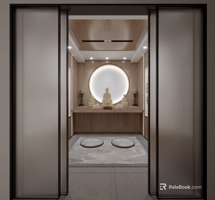 Modern Buddhist Worship Space With Wooden Altar Buddha Statue And Meditation Cushions 3d model 
