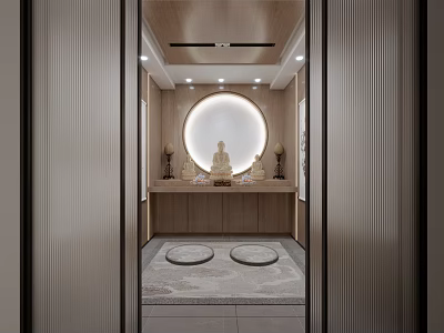 Modern Buddhist Worship Space With Wooden Altar Buddha Statue And Meditation Cushions 3d model