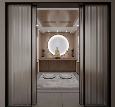 Modern Buddhist Worship Space With Wooden Altar Buddha Statue And Meditation Cushions 3d model