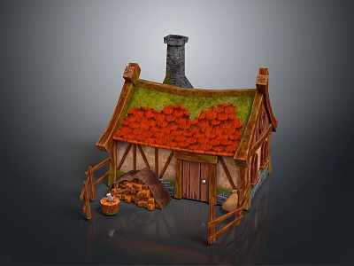 Charming Fairy Cottage With Red Tile Roof Green Moss Chimney Wooden Fence Woodpile And Basket 3d model