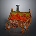 Charming Fairy Cottage With Red Tile Roof Green Moss Chimney Wooden Fence Woodpile And Basket