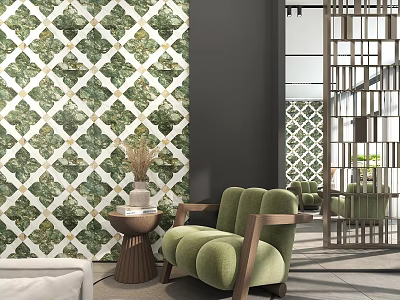 Green Lazy Sofa Modern Interior With Geometric Pattern Wall Small Side Table And Plant Decor 3d model
