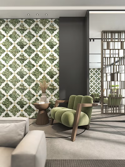 Green Lazy Sofa Modern Interior With Geometric Pattern Wall Small Side Table And Plant Decor 3d model