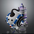 Cute Cartoon Character With Horn And Blue White Body Next To Purple Striped Tower Structure