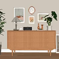 Natural Wood Sideboard With Table Lamp Decorative Items Monstera Plant And Wall Art