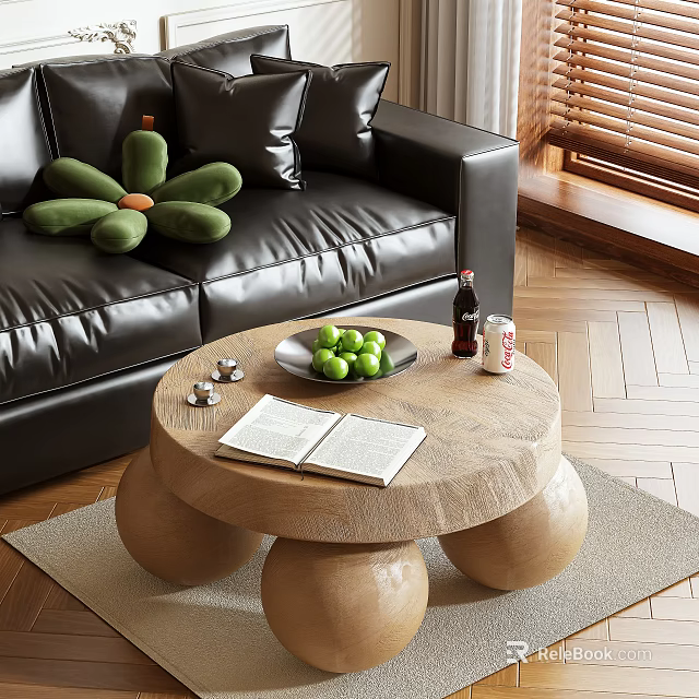 Round Wooden Coffee Table With Open Book Green Fruits By Black Leather Sofa Living Room 3d model 
