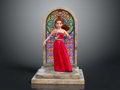 Elegant Woman In Red Dress Standing By Stained Glass Window On Stone Platform 3d model
