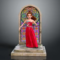 Elegant Woman In Red Dress Standing By Stained Glass Window On Stone Platform