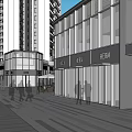 Urban Commercial Complex with High Rise Buildings Landscaped Plaza Greenery and Parking Vehicles