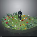 Vibrant Circular Grassy Area With Colorful Flowers And Standing Figure