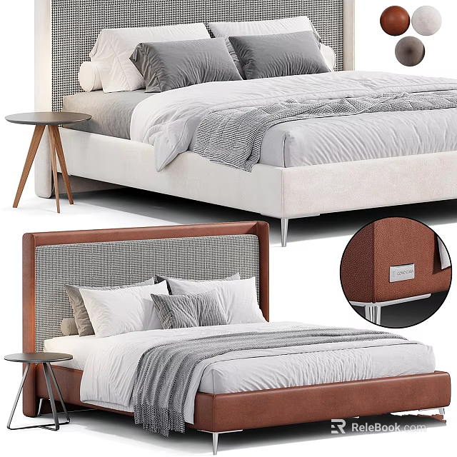 Modern Bed Design With Woven Leather Headboard Pillows Throw Blanket And Side Table 3d model