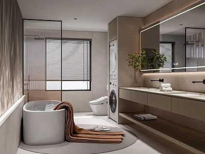 Modern Bathroom Interior With Bathtub Toilet Washing Machine Double Sinks Mirror Window Blinds And Plant 3d model