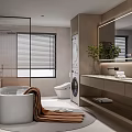 Modern Bathroom Interior With Bathtub Toilet Washing Machine Double Sinks Mirror Window Blinds And Plant