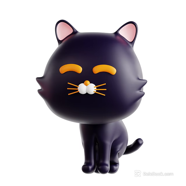Cute Black Cartoon Cat With Pink Ears Yellow Eyebrows And White Nose Sitting Pose 3d model 