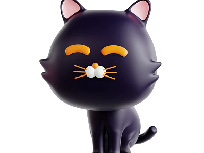 Cute Black Cartoon Cat With Pink Ears Yellow Eyebrows And White Nose Sitting Pose 3d model
