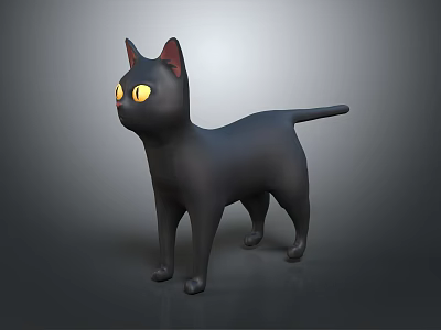 3D Model Black Cat Character With Yellow Eyes Standing Against Gray Background 3d model
