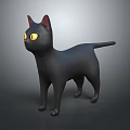 3D Model Black Cat Character With Yellow Eyes Standing Against Gray Background