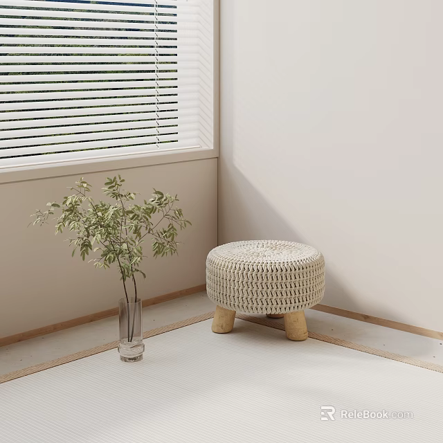 Minimalist Indoor Ottoman With Woven Rattan Design And Wooden Legs Near Green Plant 3d model 