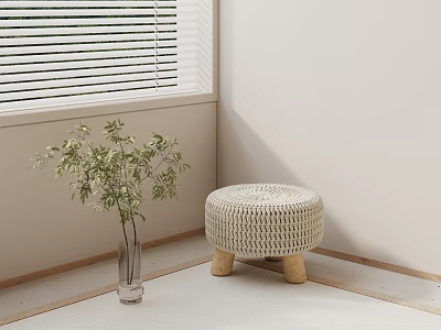 Minimalist Indoor Ottoman With Woven Rattan Design And Wooden Legs Near Green Plant 3d model