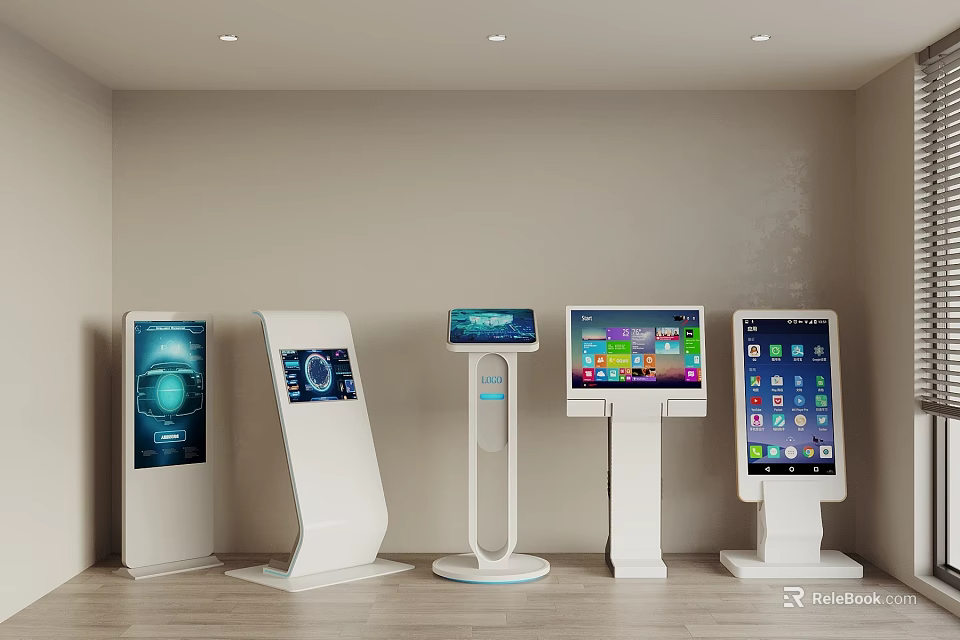Public Facilities White Vertical Electronic Kiosks With Interactive Screens Displaying Various Content 3d model 