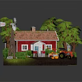 Red House With Red Roof White Windows Green Trees Windmill Tractor And Pumpkins