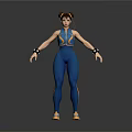 3D Character With Blue Outfit Pigtail Hairstyle Wristbands Sport Shoes Standing Pose Gray Background