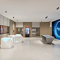 High Tech Modern Exhibition Hall With Large Blue Screen Industrial System And White Tables