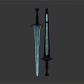 Fantasy Glowing Blue Blade Sword With Black Hilt And Decorative Design