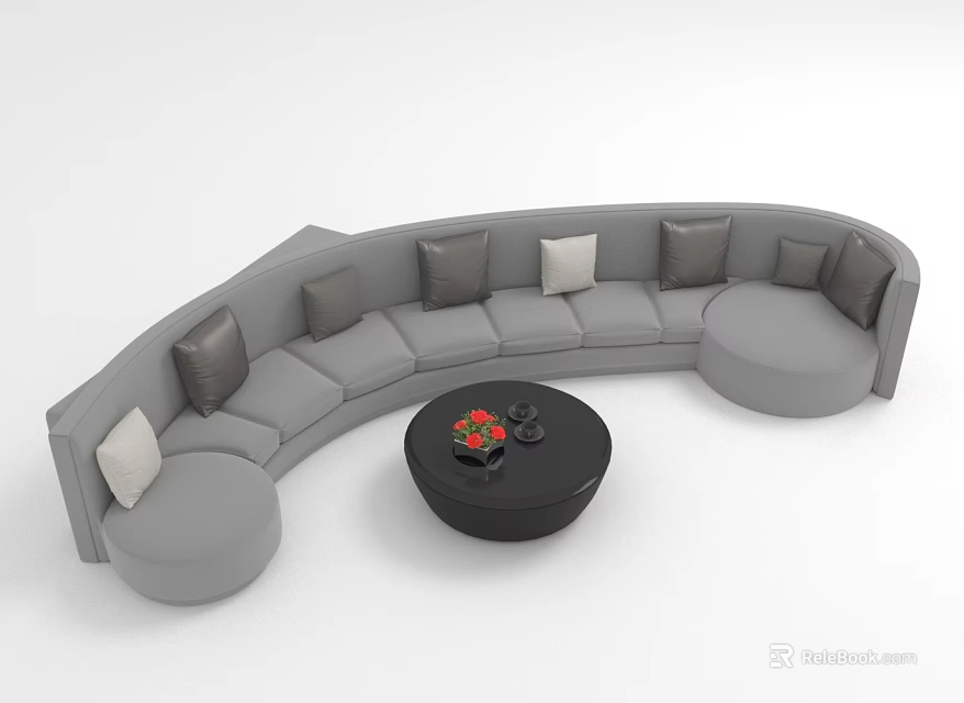 Curved Gray Sectional Sofa with Gray Beige Cushions Black Round Coffee Table Red Decor 3d model 